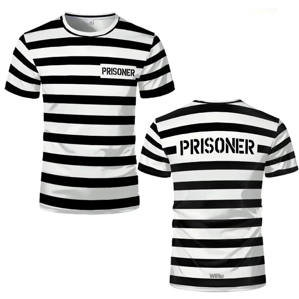 2026 New Prisoner Striped T-Shirt Black White Prison Theme Fun And Novel Short Sleeve Men's And Women's Party Cosplay Costumes