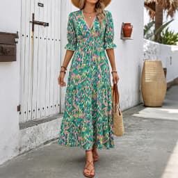 2026 new Bohemian vacation style cake dress, printed V-neck five-quarter sleeve dress