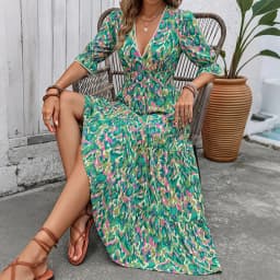 2026 new Bohemian vacation style cake dress, printed V-neck five-quarter sleeve dress
