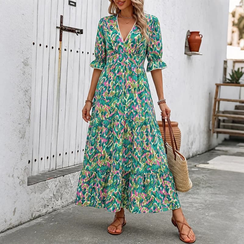 2026 new Bohemian vacation style cake dress, printed V-neck five-quarter sleeve dress