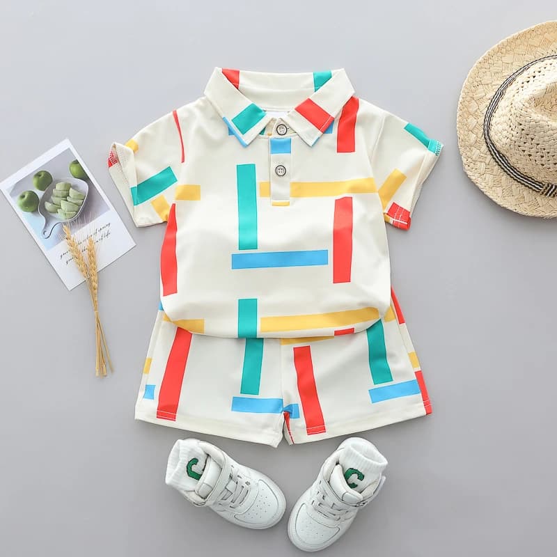 Summer Infant Toddler 4-Color Striped Full-Print Polo Shirt And Shorts Set with Lapels - Baby Boys Clothing Set