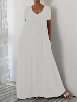 Summer new solid color V-neck loose dress short sleeved long skirt casual versatile style