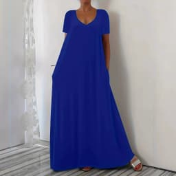 Summer new solid color V-neck loose dress short sleeved long skirt casual versatile style
