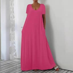Summer new solid color V-neck loose dress short sleeved long skirt casual versatile style
