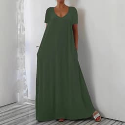 Summer new solid color V-neck loose dress short sleeved long skirt casual versatile style