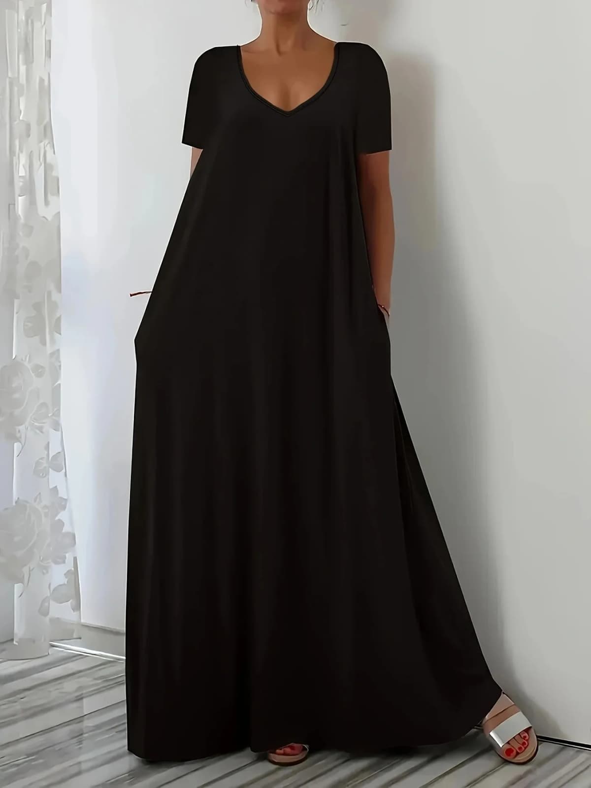Summer new solid color V-neck loose dress short sleeved long skirt casual versatile style