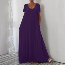 Summer new solid color V-neck loose dress short sleeved long skirt casual versatile style