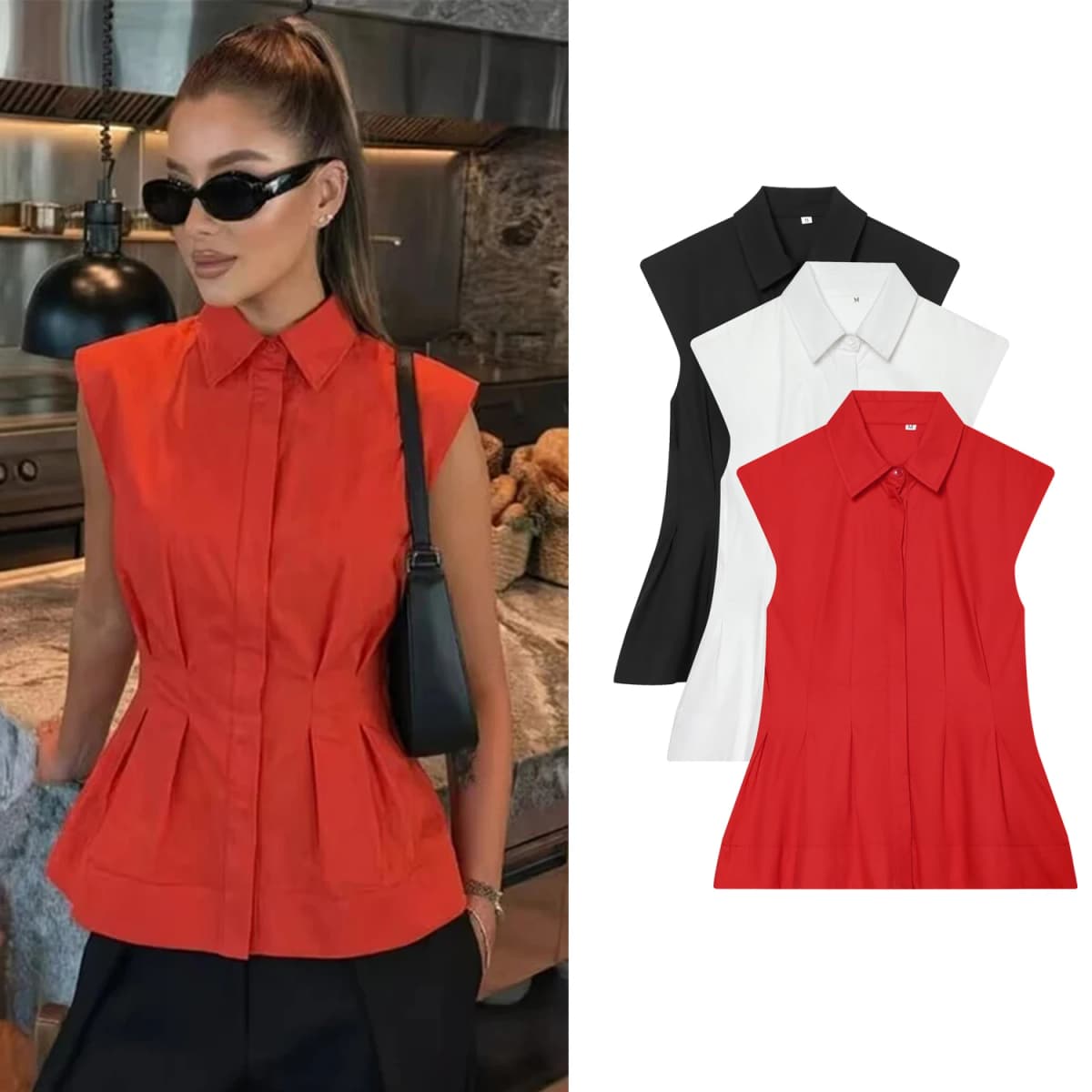 Women Casual Sleeveless Shirts Summer New Female Blouse Pleated Turn-Down Collar Single Breasted Blouses Chic Lady Elegant Tops