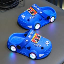 Children's Flashing Light Hole Shoes, Anti Slip Soft Soled Toe Cap Slippers, Cartoon Car Illuminated Slippers for Boys and Girls