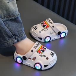 Children's Flashing Light Hole Shoes, Anti Slip Soft Soled Toe Cap Slippers, Cartoon Car Illuminated Slippers for Boys and Girls
