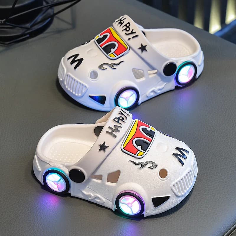 Children's Flashing Light Hole Shoes, Anti Slip Soft Soled Toe Cap Slippers, Cartoon Car Illuminated Slippers for Boys and Girls