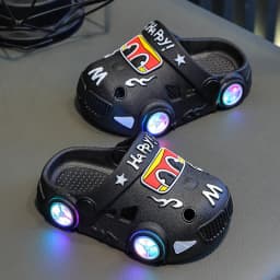 Children's Flashing Light Hole Shoes, Anti Slip Soft Soled Toe Cap Slippers, Cartoon Car Illuminated Slippers for Boys and Girls