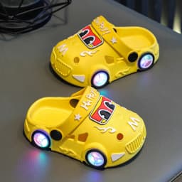Children's Flashing Light Hole Shoes, Anti Slip Soft Soled Toe Cap Slippers, Cartoon Car Illuminated Slippers for Boys and Girls
