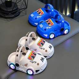 Children's Flashing Light Hole Shoes, Anti Slip Soft Soled Toe Cap Slippers, Cartoon Car Illuminated Slippers for Boys and Girls