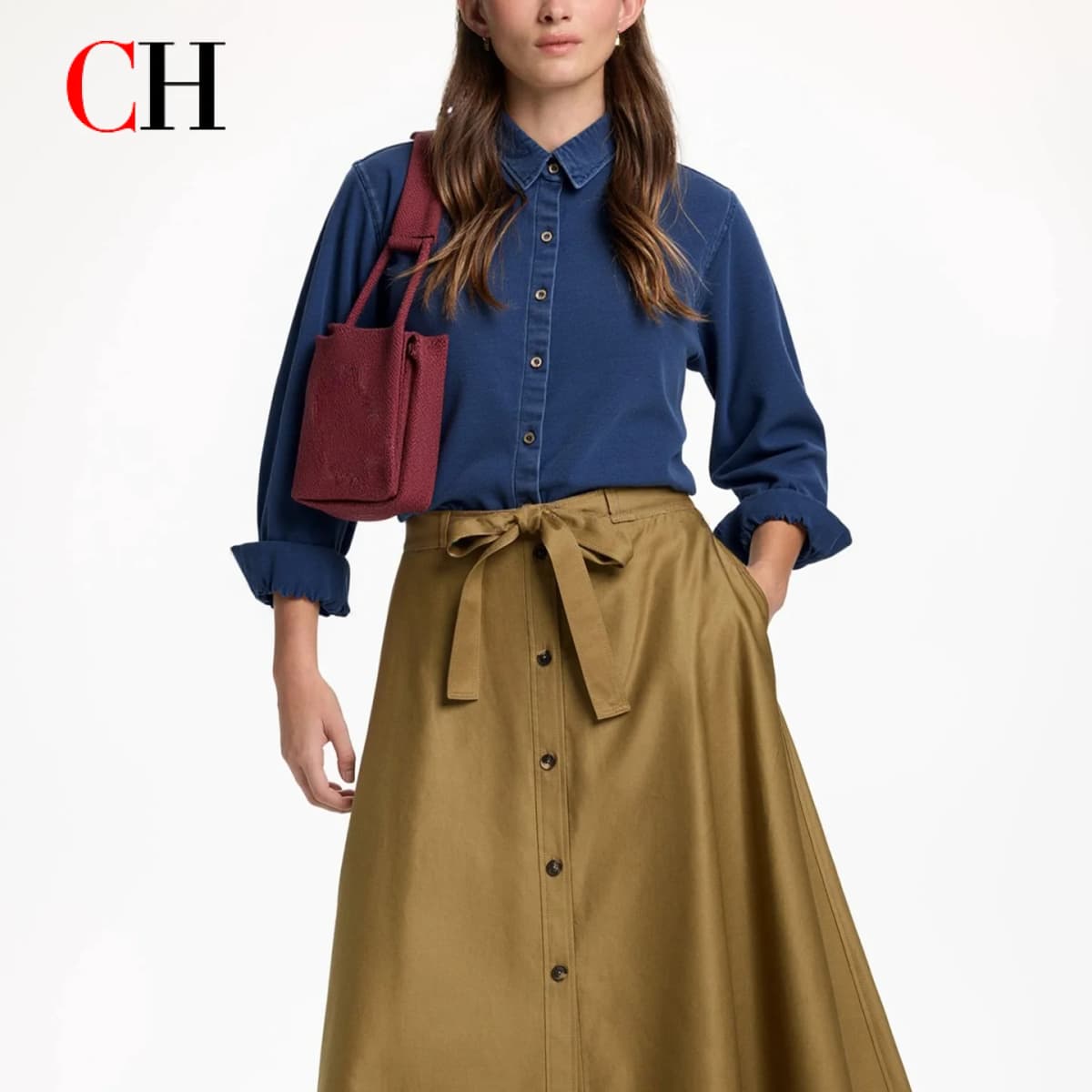 CH Embroidered Denim Long Sleeve Shirt Women Point Collar Regular Fit American Style Comfortable Casual Daily Tops