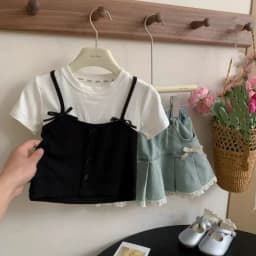 1-12Yrs Kids Girl Fake Two Piece Tops Bellbell Summer Bow Spliced Children Girl Short Sleeves Round Collar Infant Babys Girl Tee