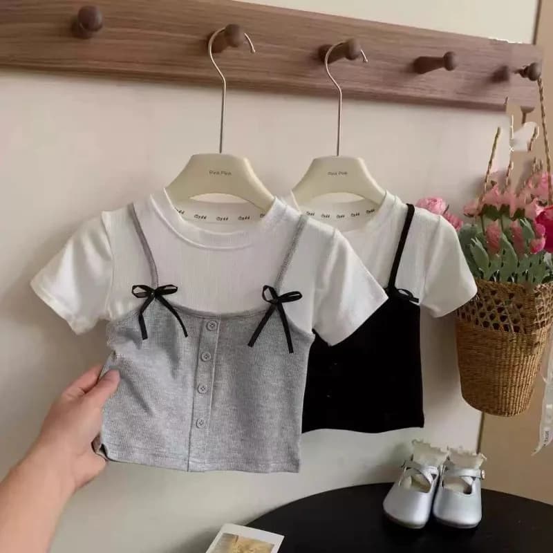 1-12Yrs Kids Girl Fake Two Piece Tops Bellbell Summer Bow Spliced Children Girl Short Sleeves Round Collar Infant Babys Girl Tee