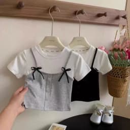 1-12Yrs Kids Girl Fake Two Piece Tops Bellbell Summer Bow Spliced Children Girl Short Sleeves Round Collar Infant Babys Girl Tee