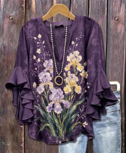 Women's Ruffle Sleeve Tropical Floral Print V Neck Casual Blouse Elegant Daily Tops for Spring Summer