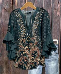 Women's Ruffle Sleeve Tropical Floral Print V Neck Casual Blouse Elegant Daily Tops for Spring Summer