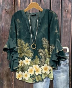 Women's Ruffle Sleeve Tropical Floral Print V Neck Casual Blouse Elegant Daily Tops for Spring Summer