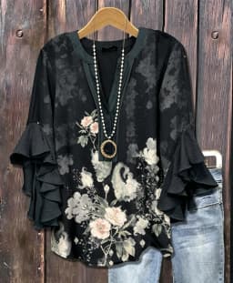 Women's Ruffle Sleeve Tropical Floral Print V Neck Casual Blouse Elegant Daily Tops for Spring Summer