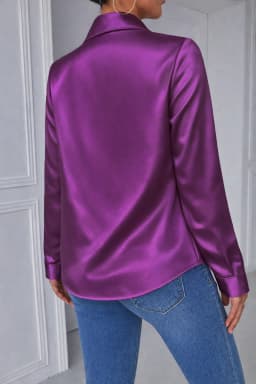 Women's Purple Satin Long Sleeve Shirt, Turn-Down Collar Button Down Blouse with Pockets