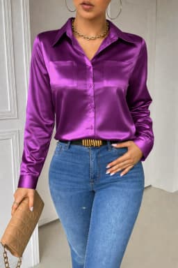 Women's Purple Satin Long Sleeve Shirt, Turn-Down Collar Button Down Blouse with Pockets