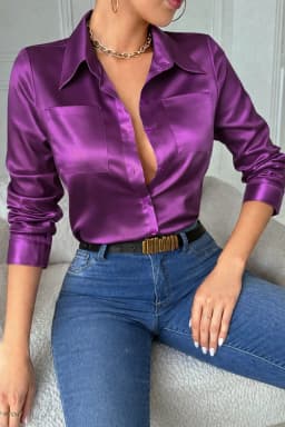 Women's Purple Satin Long Sleeve Shirt, Turn-Down Collar Button Down Blouse with Pockets