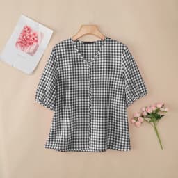 ZANZEA Women Loose Gingham Shirts Vintage Half Puff Sleeve V-Neck Button Up Tops Summer Daily Casual Plaid Blusas de Mujer