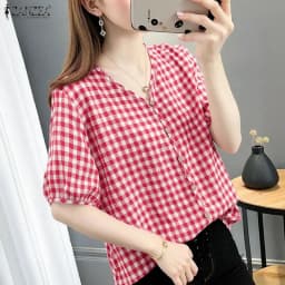 ZANZEA Women Loose Gingham Shirts Vintage Half Puff Sleeve V-Neck Button Up Tops Summer Daily Casual Plaid Blusas de Mujer