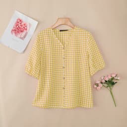 ZANZEA Women Loose Gingham Shirts Vintage Half Puff Sleeve V-Neck Button Up Tops Summer Daily Casual Plaid Blusas de Mujer