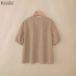 ZANZEA Women Loose Gingham Shirts Vintage Half Puff Sleeve V-Neck Button Up Tops Summer Daily Casual Plaid Blusas de Mujer