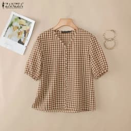 ZANZEA Women Loose Gingham Shirts Vintage Half Puff Sleeve V-Neck Button Up Tops Summer Daily Casual Plaid Blusas de Mujer