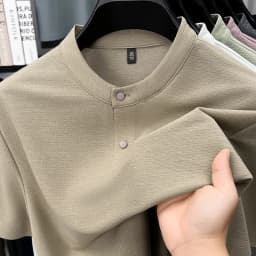 2026 New Men's Single Button Henley Neck Tee Comfortable Textured Fabric Short Sleeve For Casual And Business