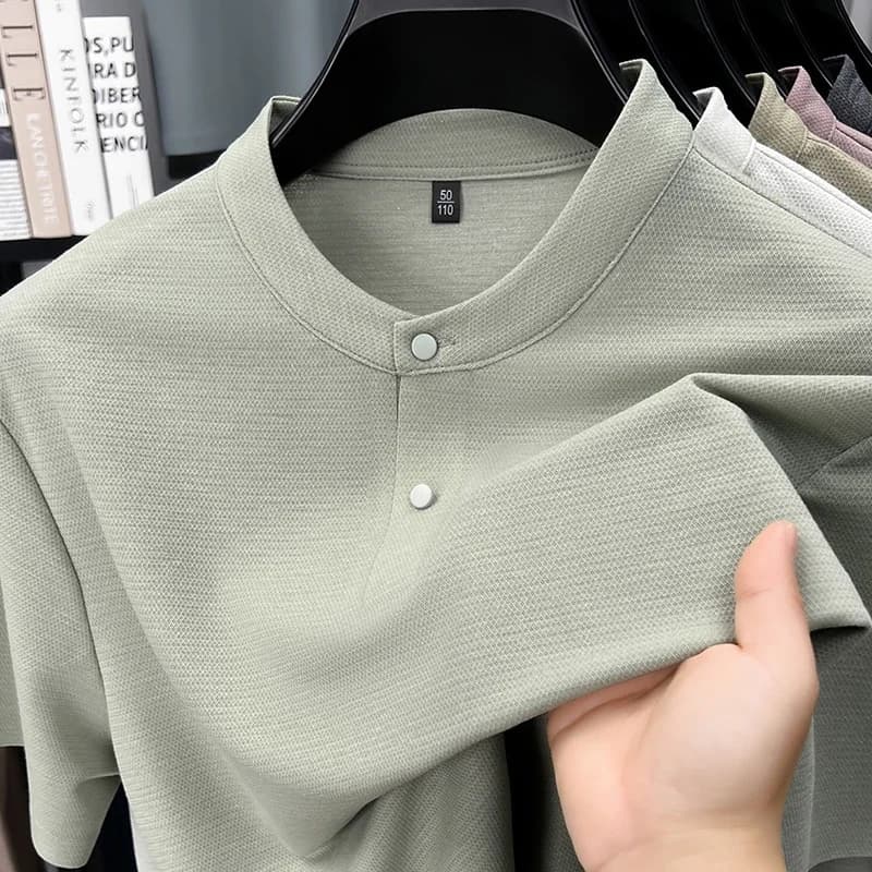 2026 New Men's Single Button Henley Neck Tee Comfortable Textured Fabric Short Sleeve For Casual And Business