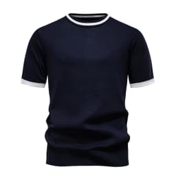 New Men's Stretch Knit T Shirts Casual Short Sleeve Summer Top Knitted Pullover Shirts Crewneck Contrast Knitwear