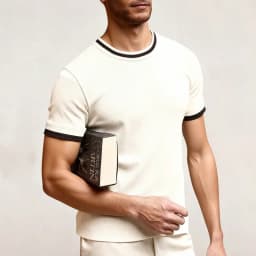 New Men's Stretch Knit T Shirts Casual Short Sleeve Summer Top Knitted Pullover Shirts Crewneck Contrast Knitwear