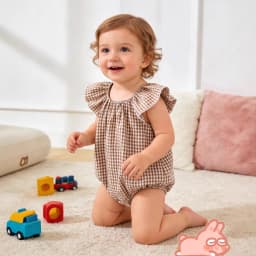 Summer neutral infant multi-color plaid flying sleeves cute Romper