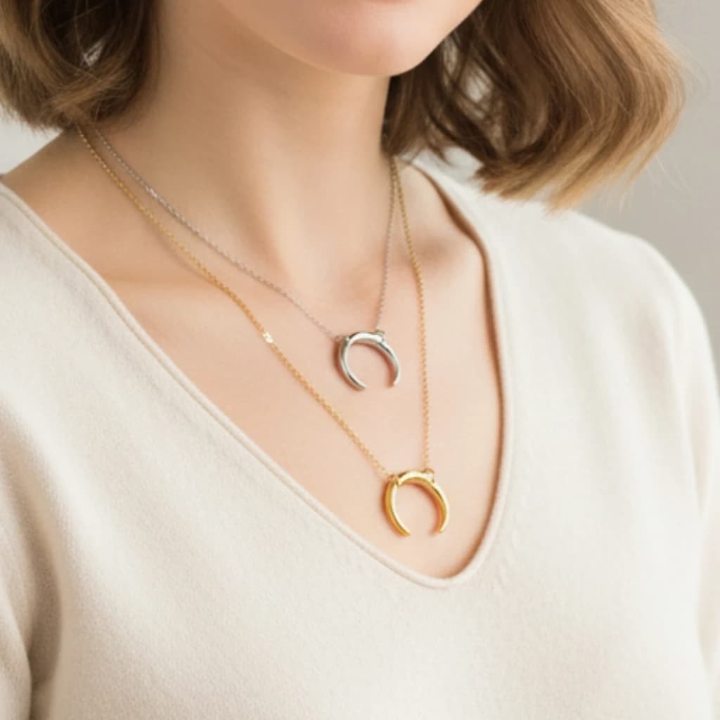 Hiraeva 15mm Crescent Moon Pendant Necklace for Women Stainless Steel Dainty Minimalist Horn Choker Adjustable Jewelry