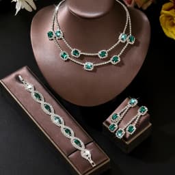 Emerald-set diamond crystal square tassel earrings and necklace - Luxury wedding three-piece set