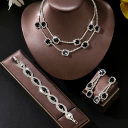 Emerald-set diamond crystal square tassel earrings and necklace - Luxury wedding three-piece set