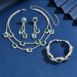 Emerald-set diamond crystal square tassel earrings and necklace - Luxury wedding three-piece set
