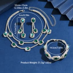 Emerald-set diamond crystal square tassel earrings and necklace - Luxury wedding three-piece set
