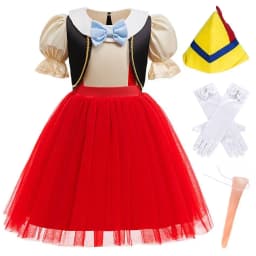 Kids Pinocchio Princess Dress Costume Classic Storybook Character Outfit with Hat Bow Gloves Long Nose for Halloween Dress Up