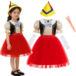 Kids Pinocchio Princess Dress Costume Classic Storybook Character Outfit with Hat Bow Gloves Long Nose for Halloween Dress Up