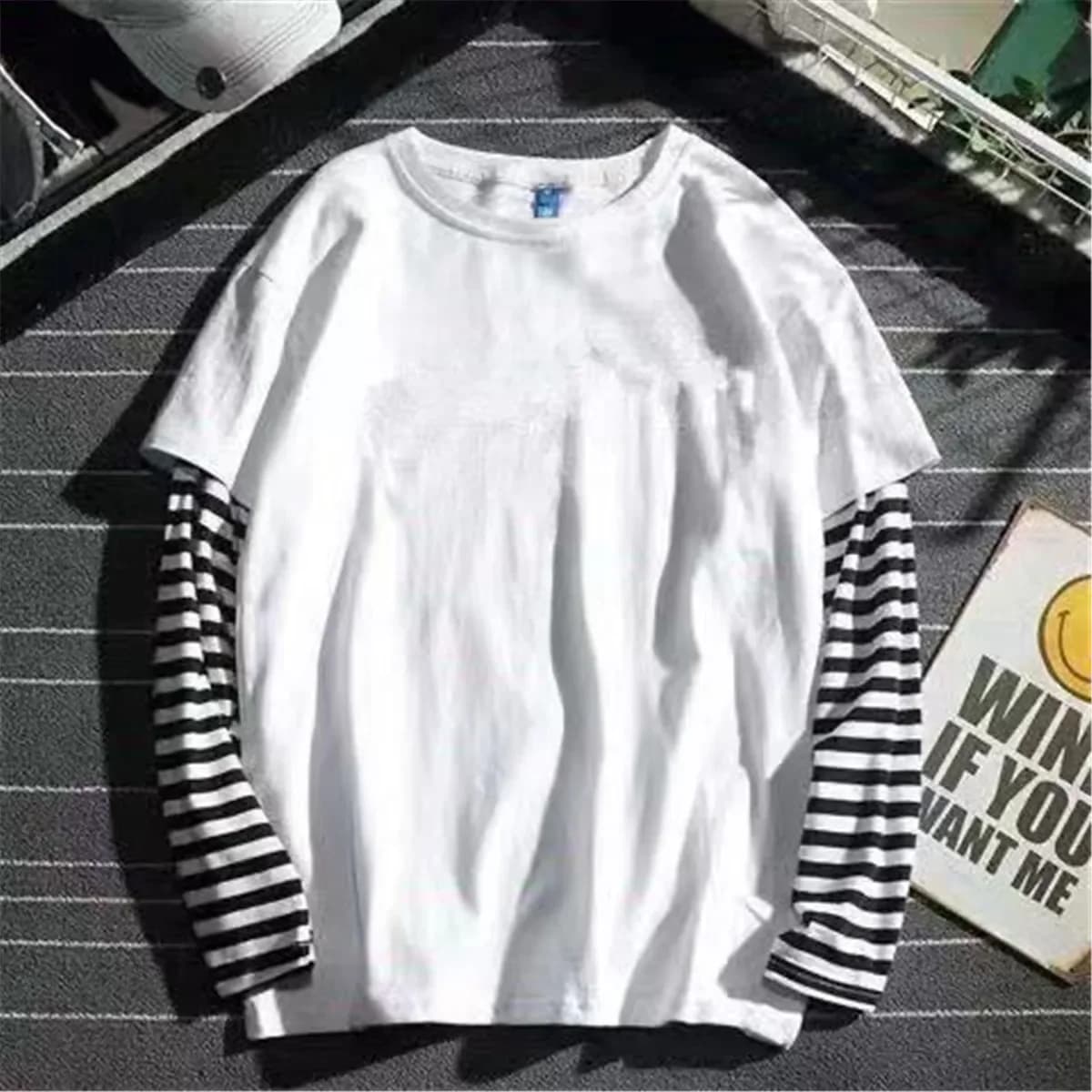 Black Striped Patchwork T-Shirt Men Autumn Oversize Women Tops Solid Long Sleeve Handsome T Shirt Fashion Japanese Couple Trend