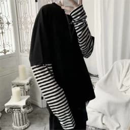 Black Striped Patchwork T-Shirt Men Autumn Oversize Women Tops Solid Long Sleeve Handsome T Shirt Fashion Japanese Couple Trend