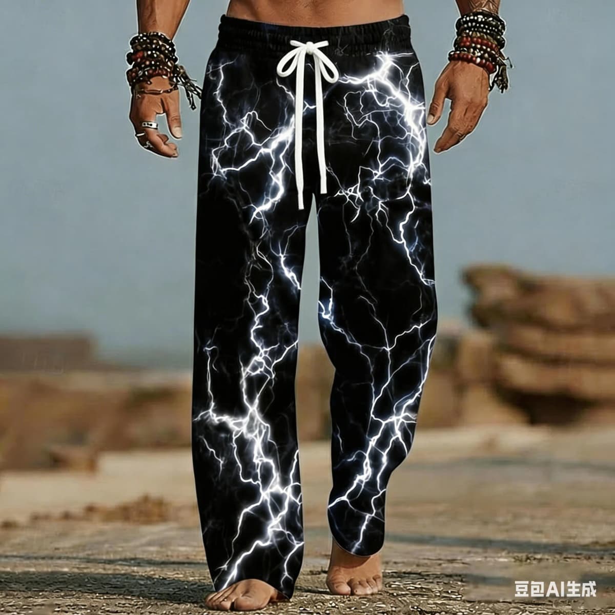 Men's and Women's Beach Pants with Lightning Patterns 3D Printed Wide Leg Elastic Casual Summer Vacation Loose Breathable Pants