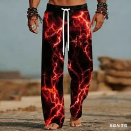 Men's and Women's Beach Pants with Lightning Patterns 3D Printed Wide Leg Elastic Casual Summer Vacation Loose Breathable Pants